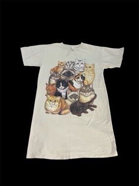 VTG 1990s USA Katz Cat Collage Graphic Dress Sleep Shirt Oversized Rare One Size